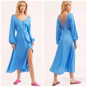 FREE PEOPLE Later Days‎ Blue Button Front Long Sleeve Midi Dress Size 0 New